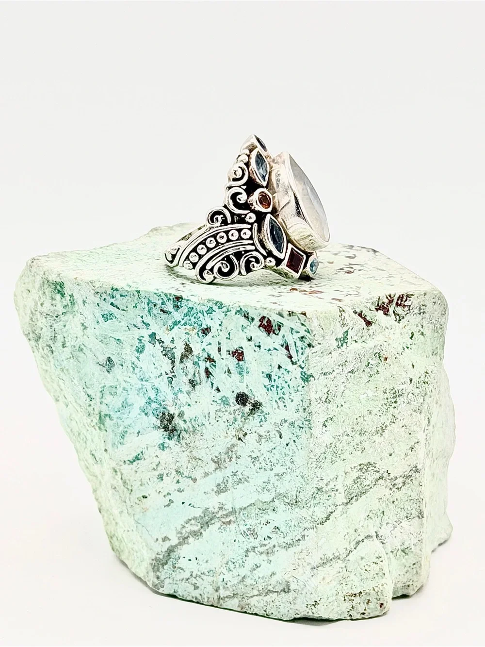 Bali Ornate Sterling Silver Faceted Moonstone Ring with Multicolored Gem Accents